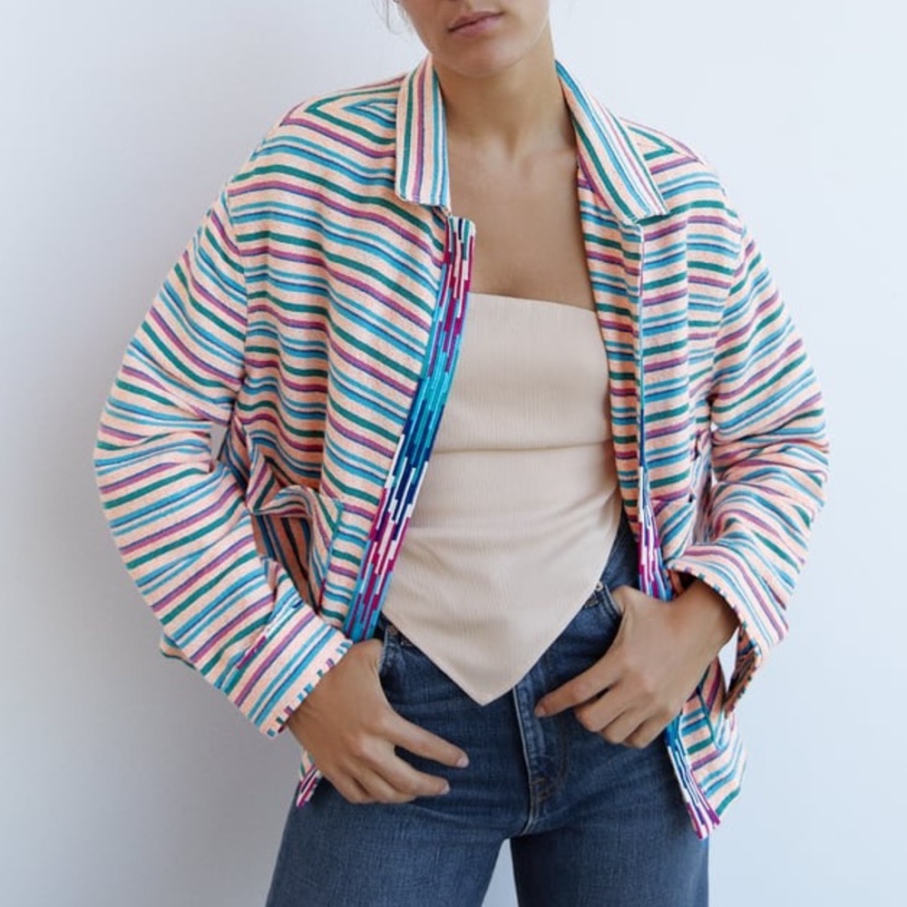 Zara Multicolor Striped Blazer Jacket - Pastel Pink, Blue & Green
